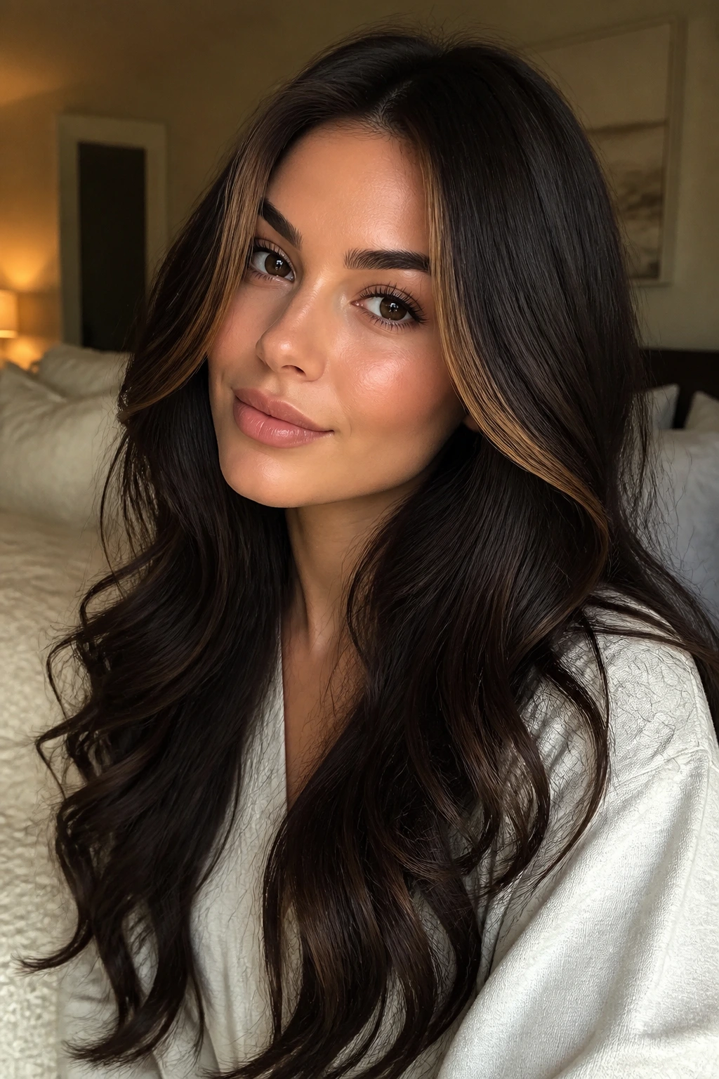 Close-up of a real woman with espresso brunette hair and a caramel money piece framing her face