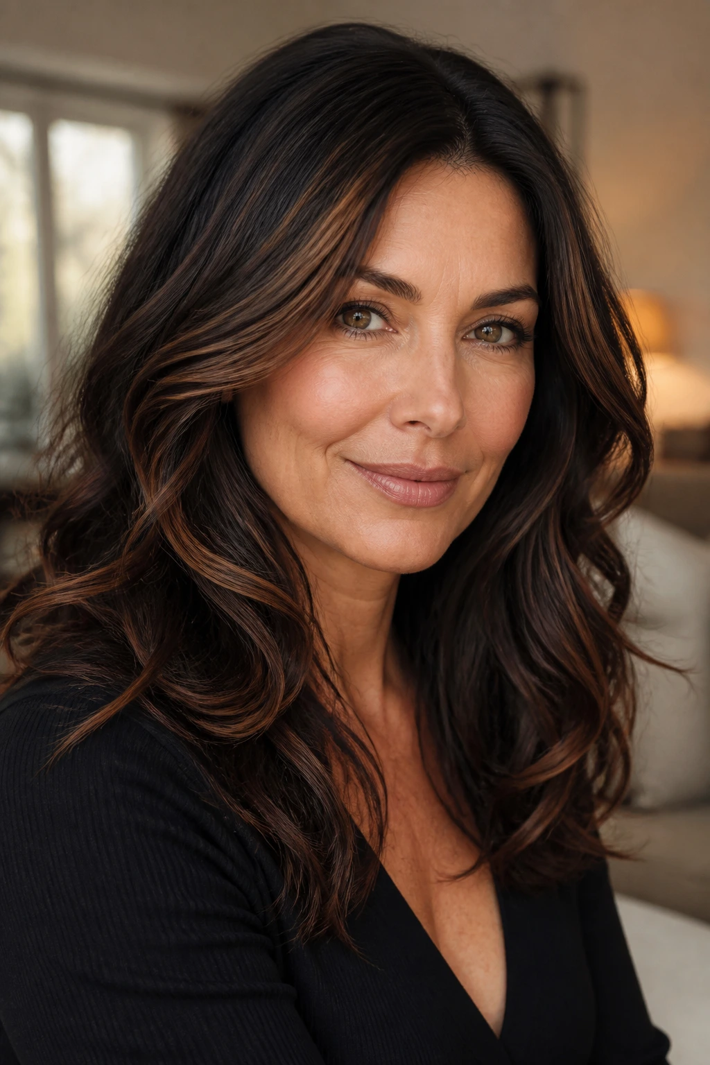 Close-up real woman with espresso brunette and chestnut ribbons