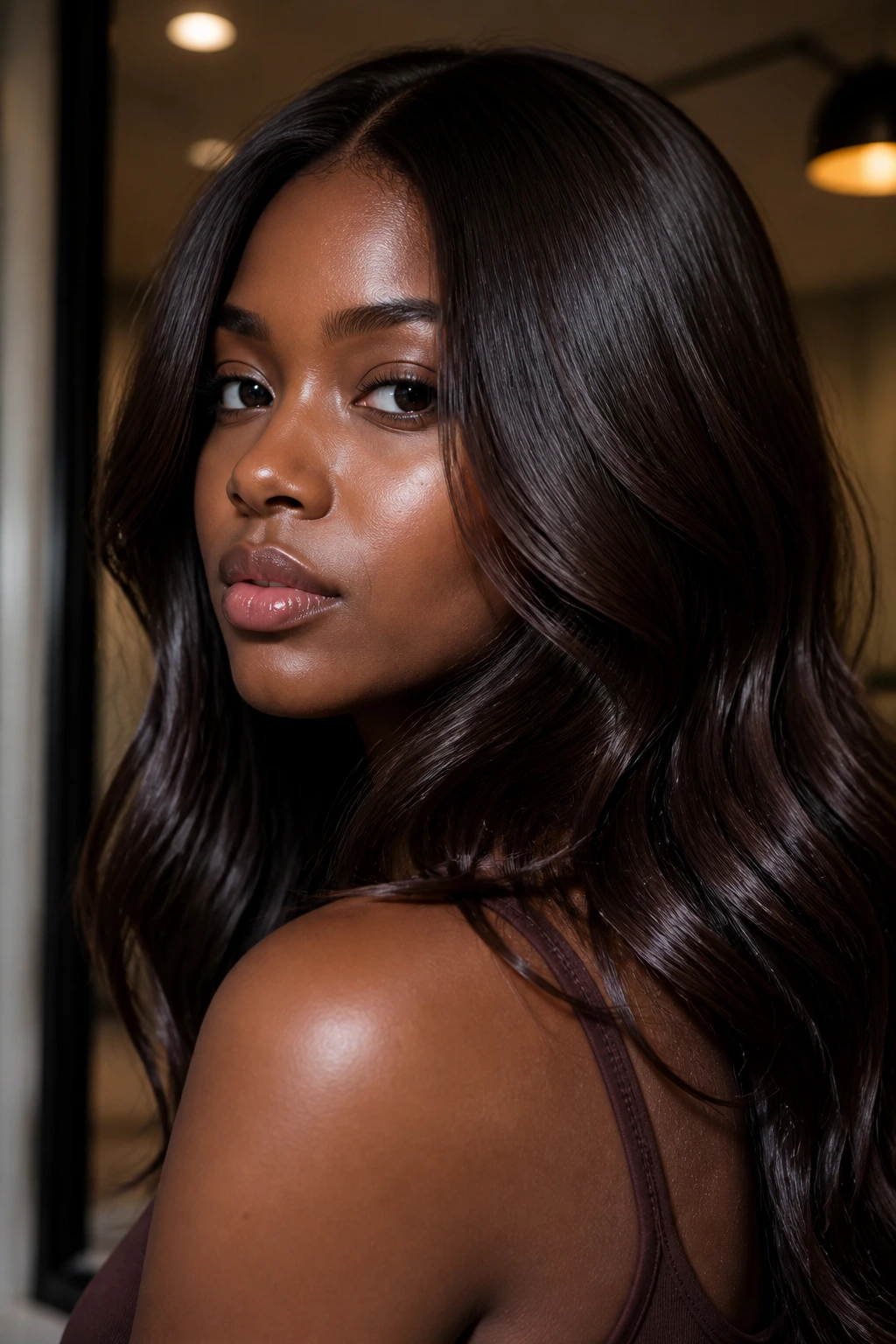 Close-up of espresso brunette with glossy mirror finish on a real person.