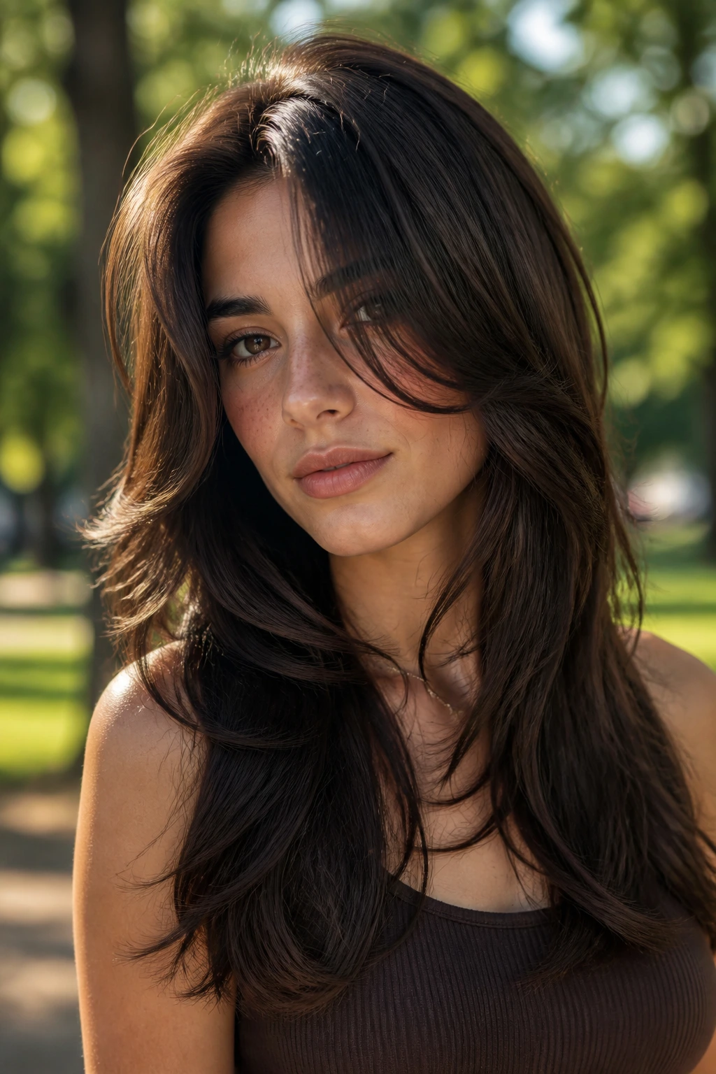 Brunette with espresso butterfly cut showing crown lift and feathered front pieces