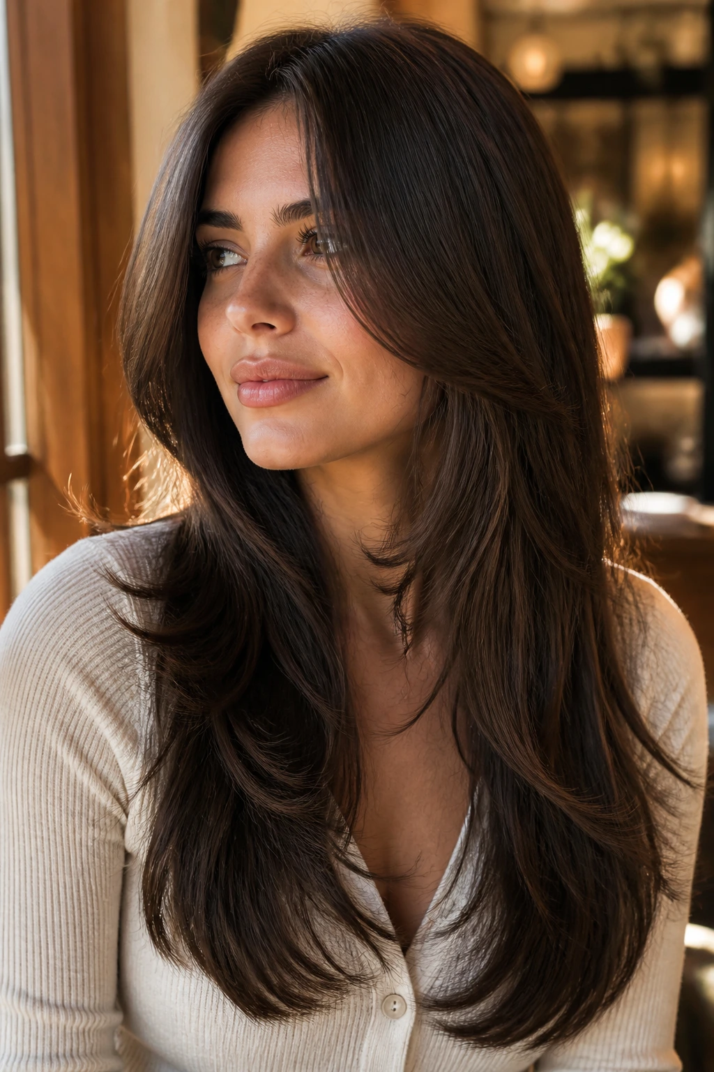 Real woman with espresso butterfly layers showing front pieces folding away from face