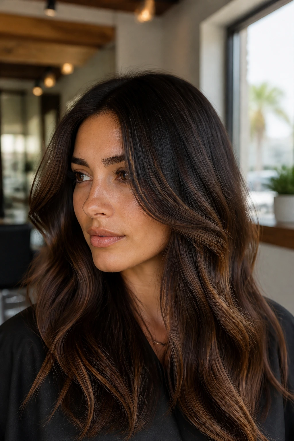 Close-up portrait of a real woman with espresso-brown hair and caramel dusting