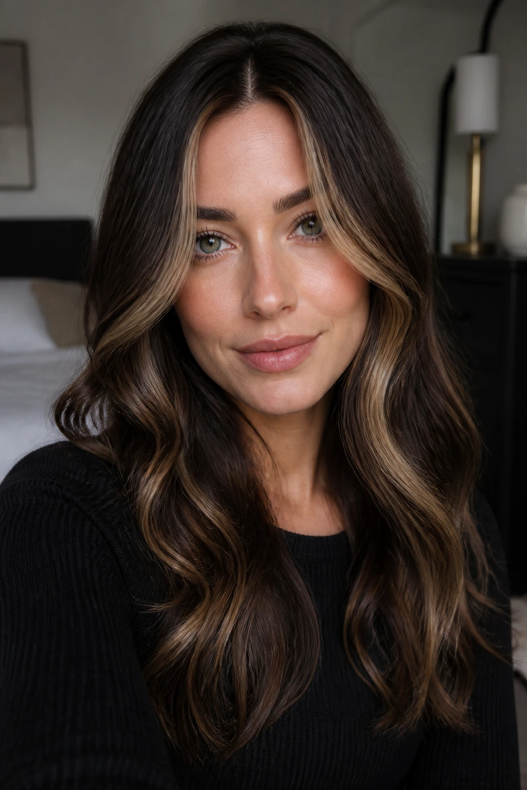 Close-up of a real woman with espresso brown hair and champagne caramel highlights framing the face