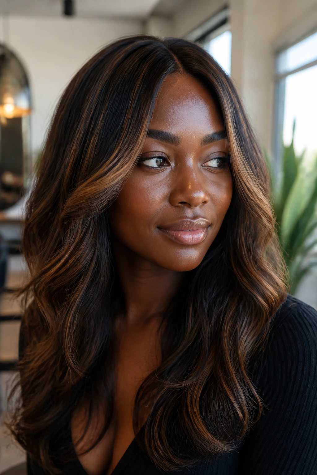 Close-up of deep espresso hair with caramel halo around the crown on a real person