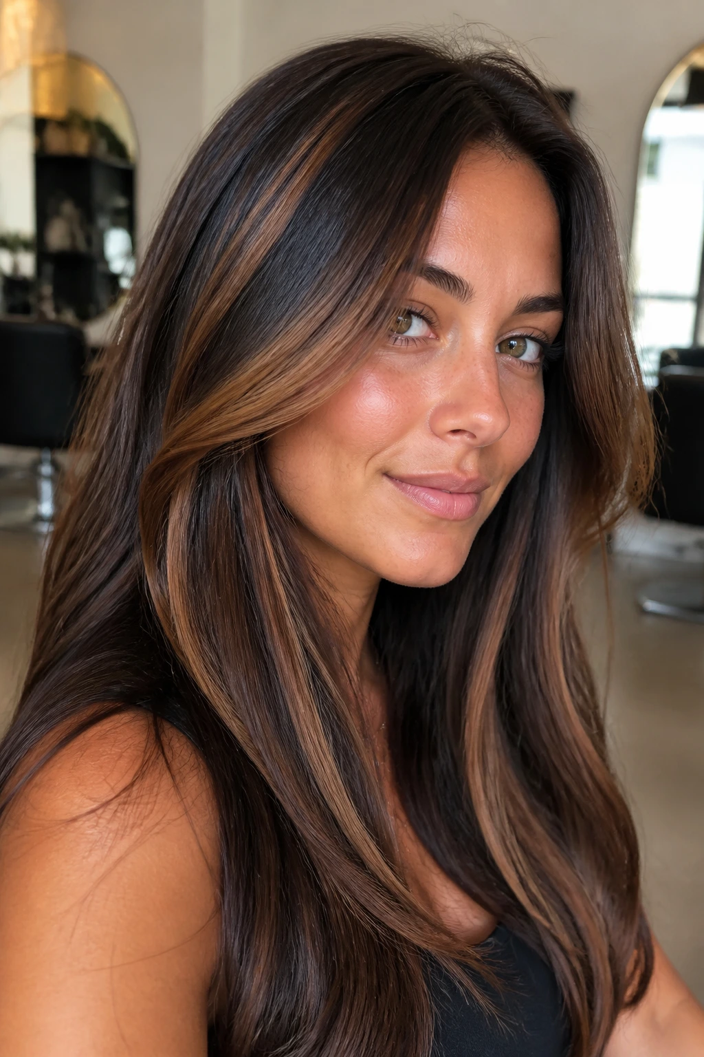 Close-up of espresso brunette with caramel slice highlights on a real person