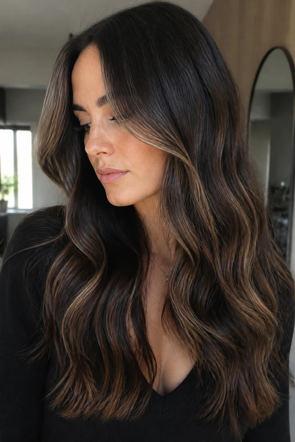 Close-up of hair showing smoky espresso caramel melt on cool skin