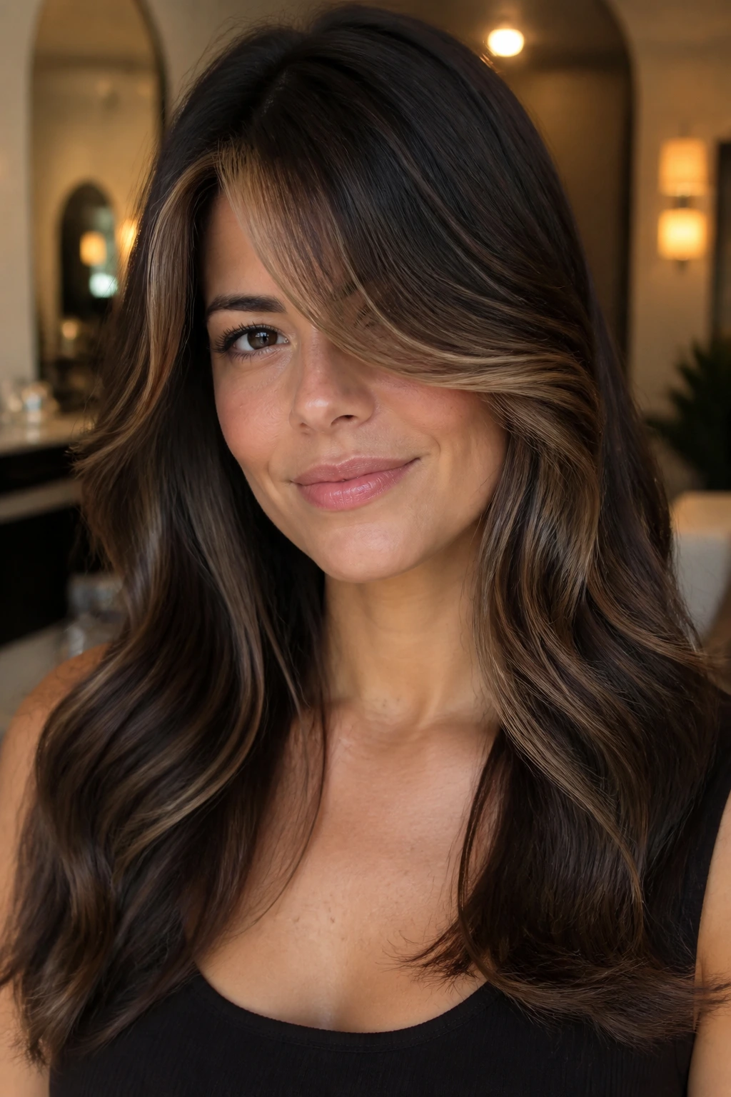 Close-up espresso hair with caramel money piece on side-swept bangs