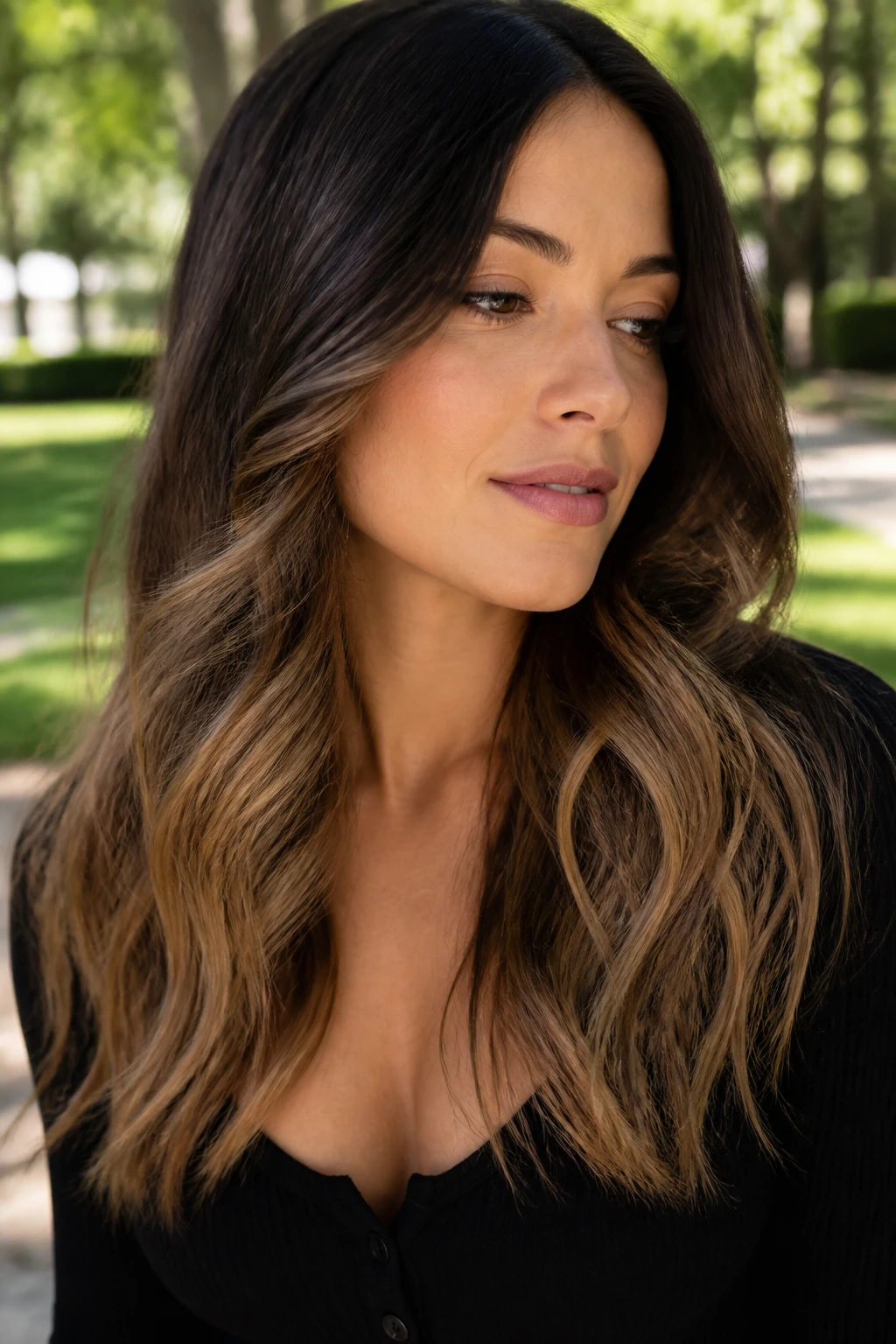 Woman with espresso to caramel ombre waves.