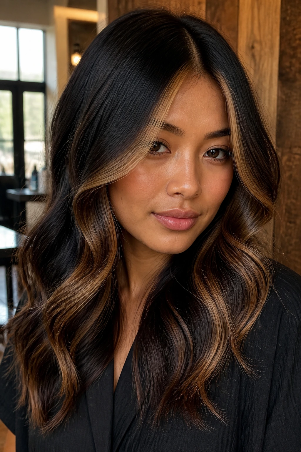 Close-up of a brunette with espresso base and chunky caramel panels around the face