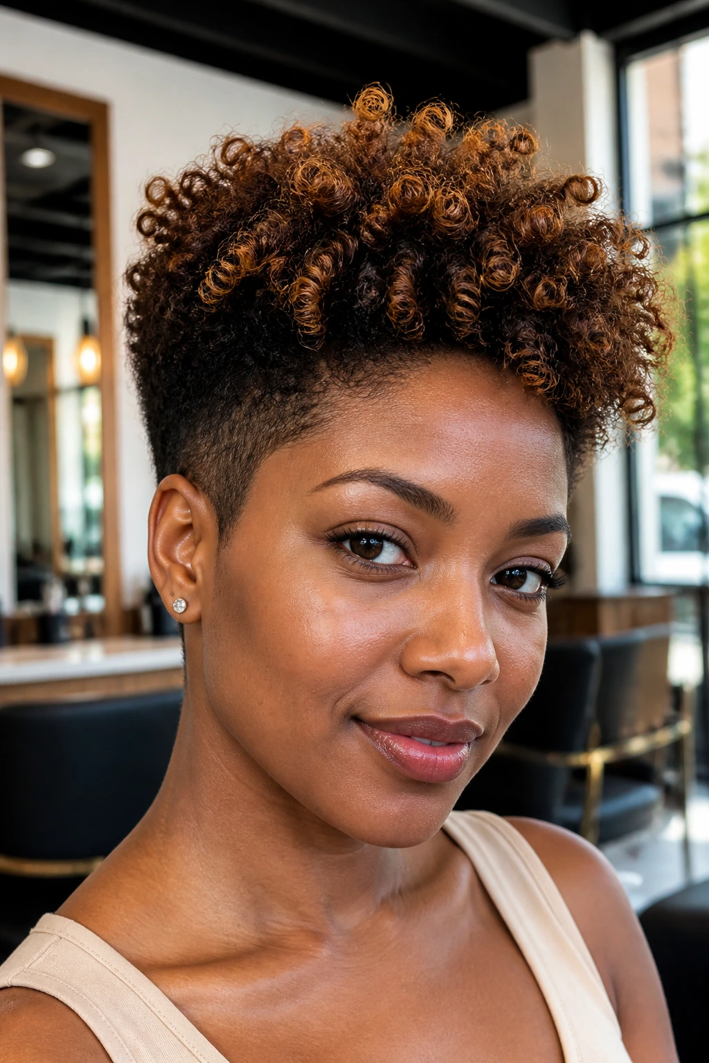 Close-up of a real person with espresso roots and caramel highlights on a tapered cut in a sunlit salon