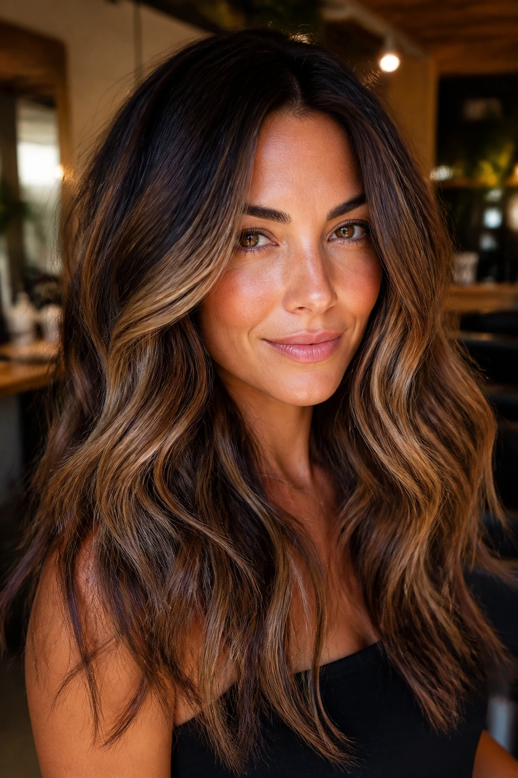 Close-up of thick hair with espresso-to-caramel balayage, deep root contrast and caramel mid-lengths.
