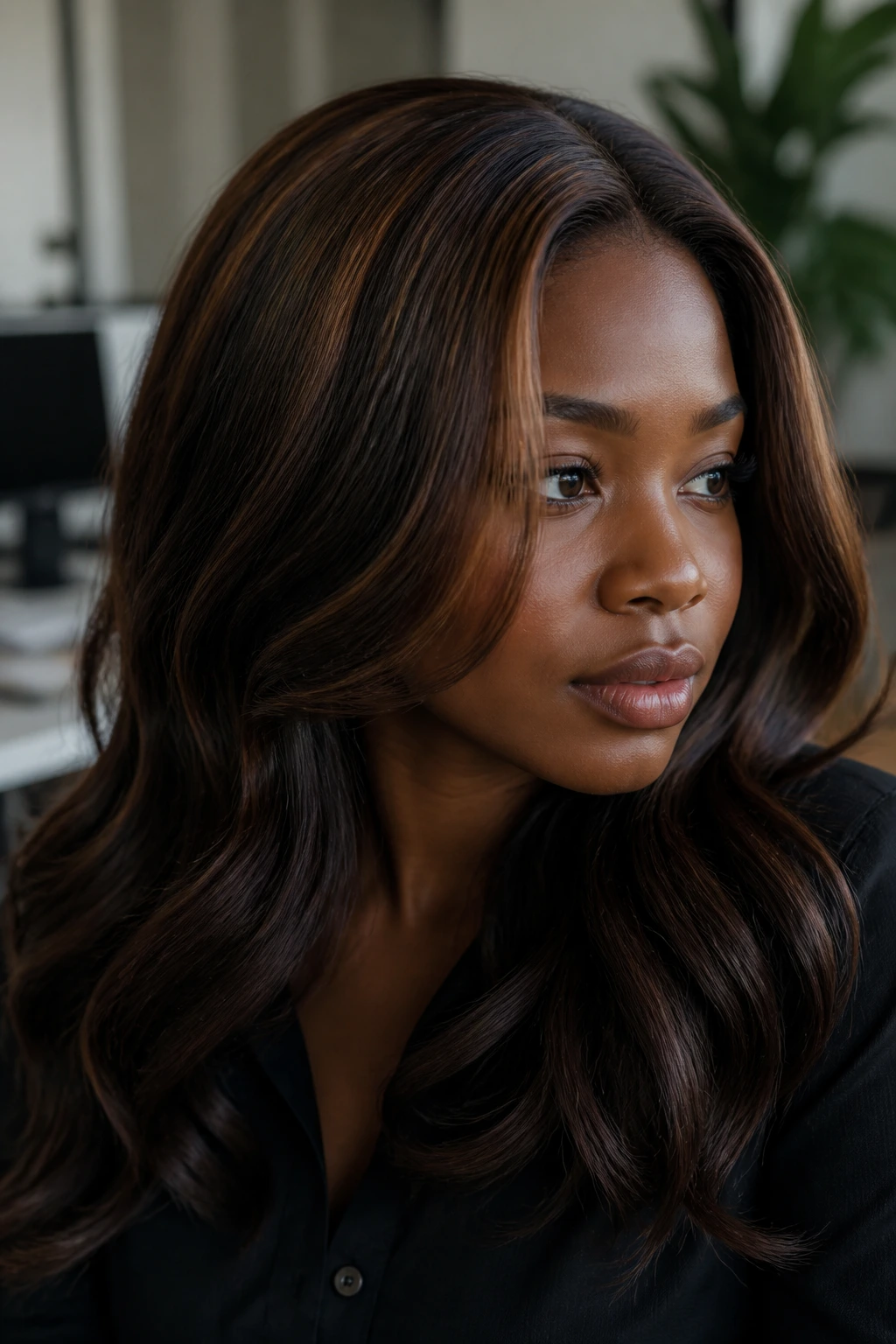 Close-up of a real woman with espresso base hair and caramel veil at the crown