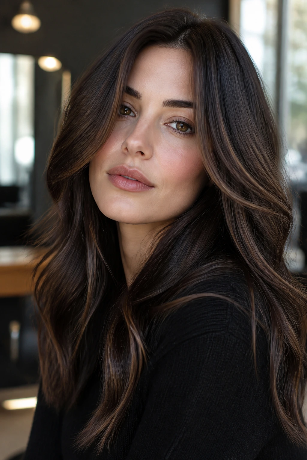 Close-up of a real woman with espresso-brown hair featuring a thin caramel weave