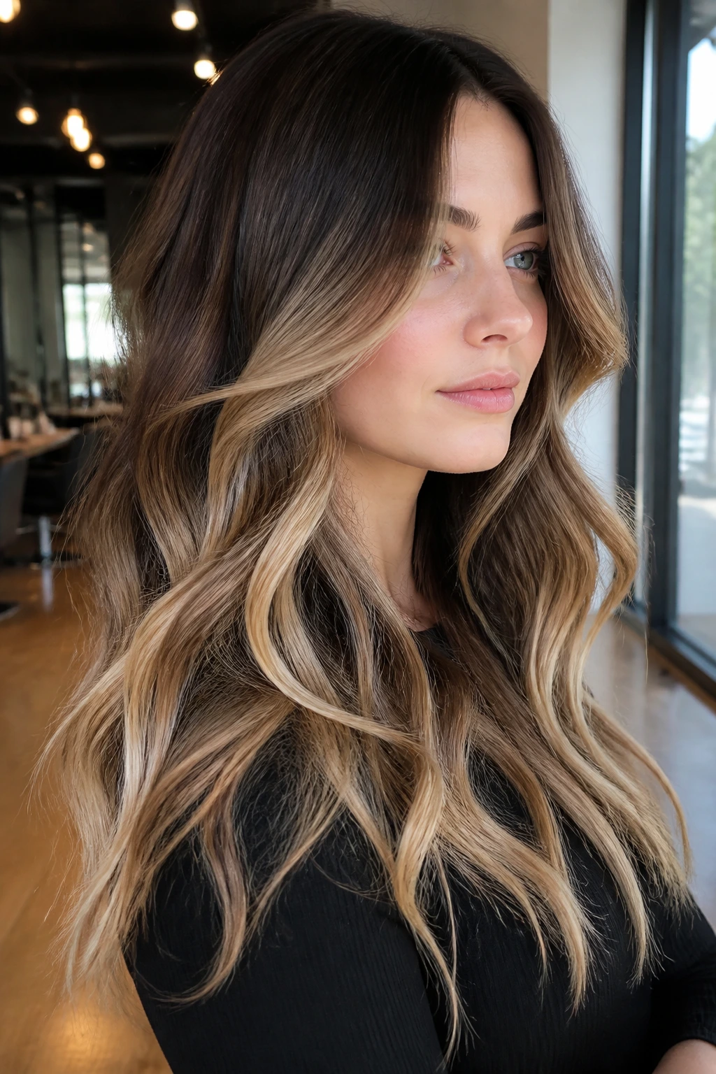 Portrait of a woman showing espresso roots and champagne balayage ribbons