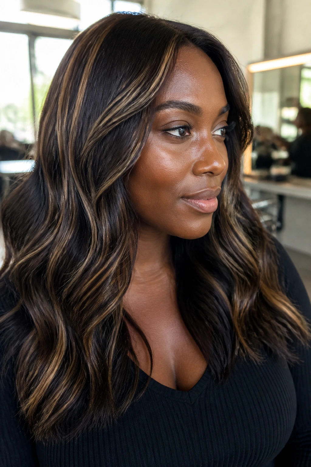 Close-up of hair with espresso base and champagne slices on a real person