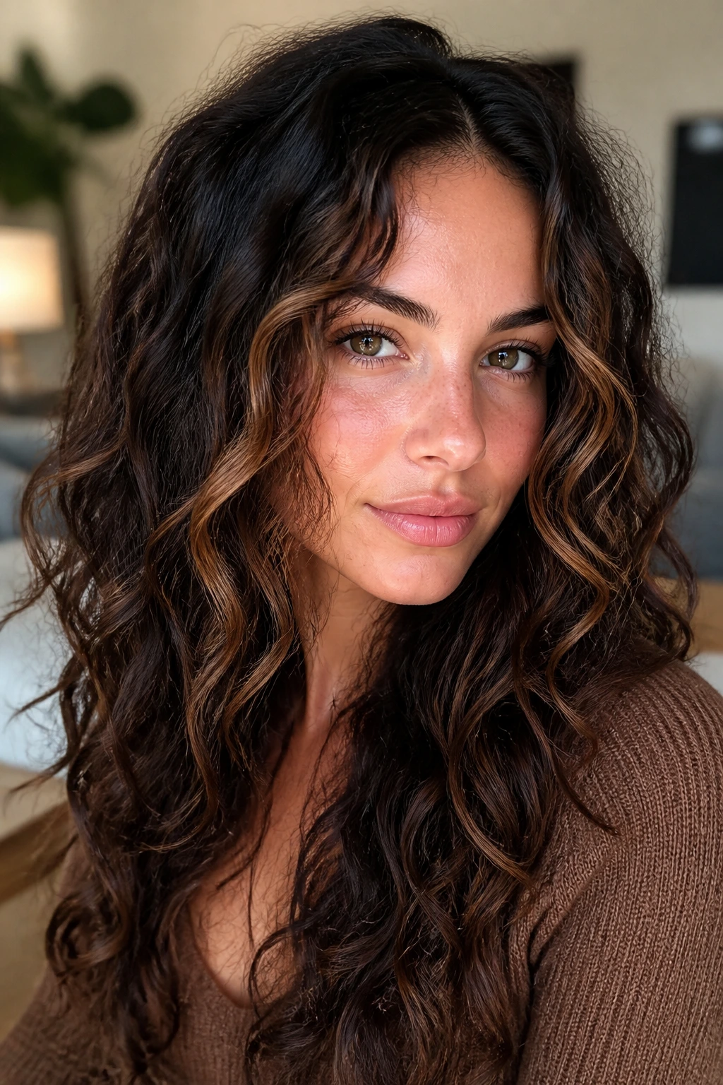 Close-up portrait of a real woman with espresso base hair and chestnut face-framing curls
