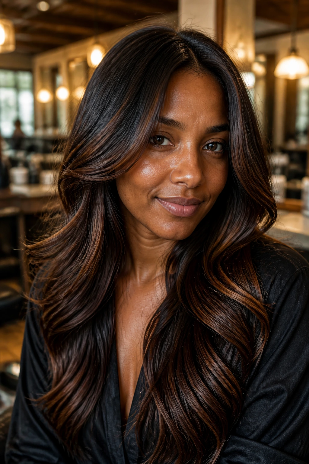 Close-up portrait of a person with espresso and chestnut hair blend on deep brown hair