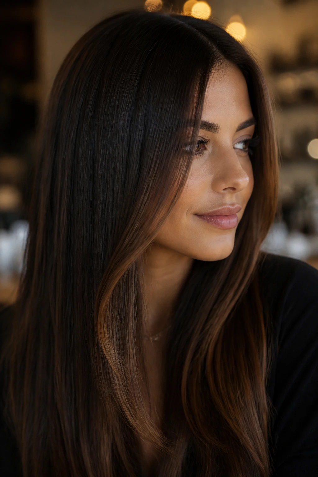 Close-up of a real woman with an espresso-to-cocoa gradient front