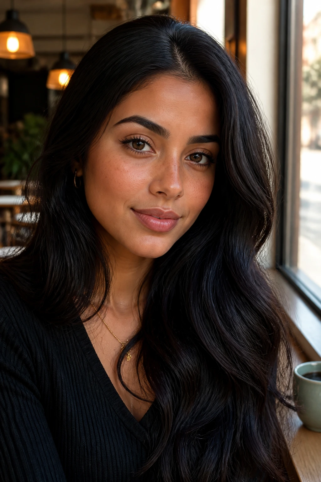 Portrait of a real person with black hair and espresso contour near the face under warm daylight