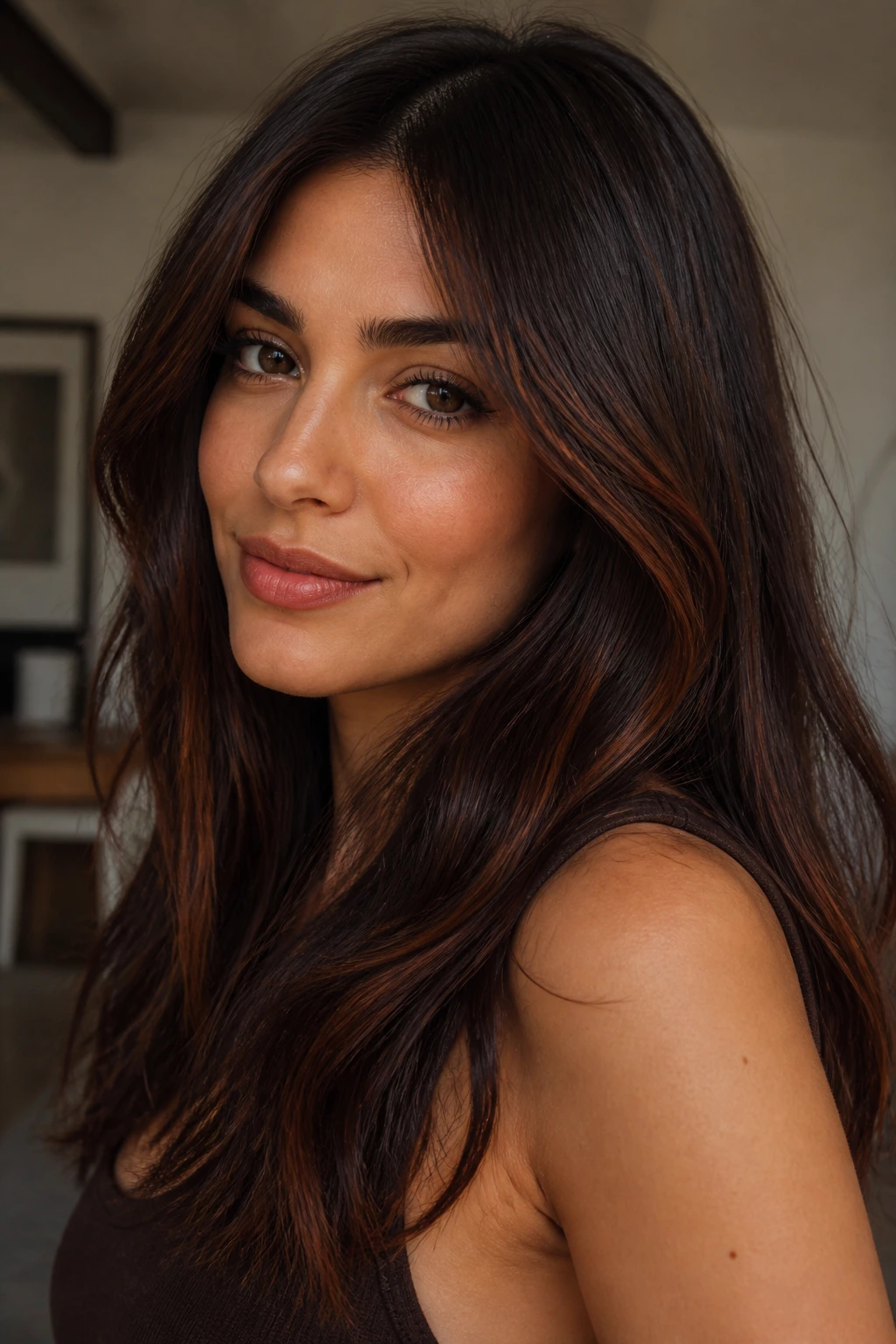 Close-up portrait of a person with espresso hair accented by subtle copper