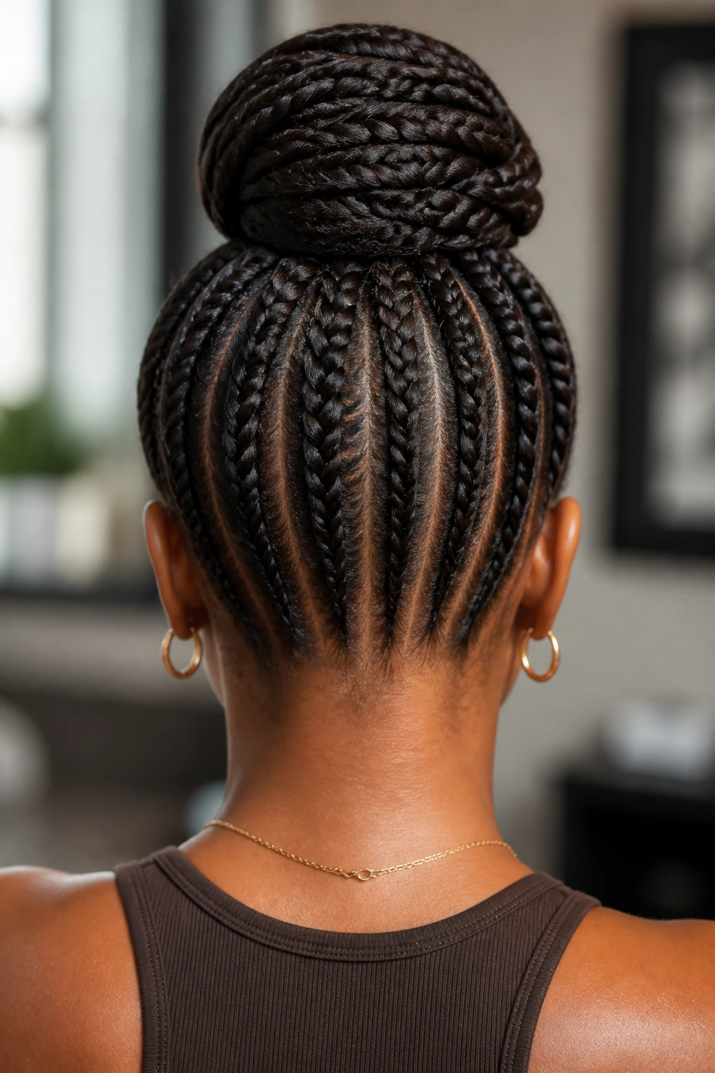 Back view real person with espresso cornrows braided into a bun