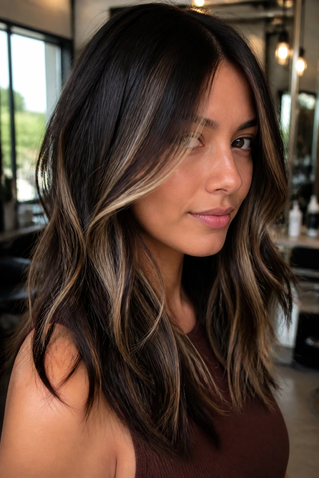 Close-up of espresso and cream hair melt on a real person