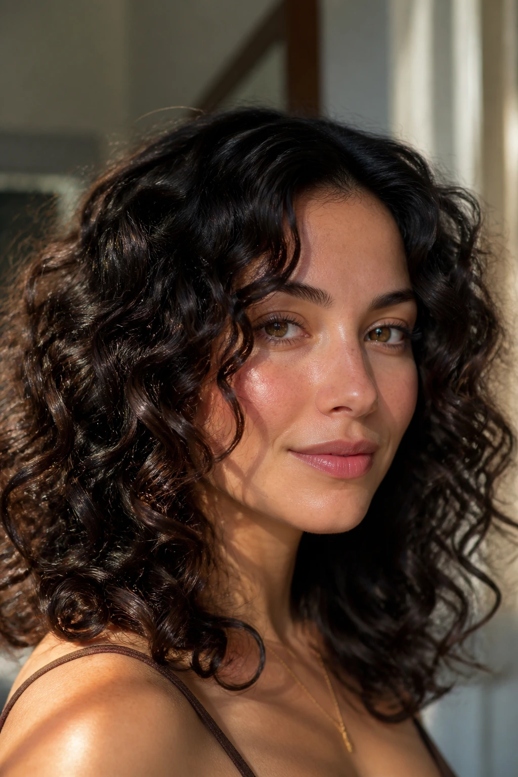 Close-up of a woman with rooty espresso curls and face-framing layers
