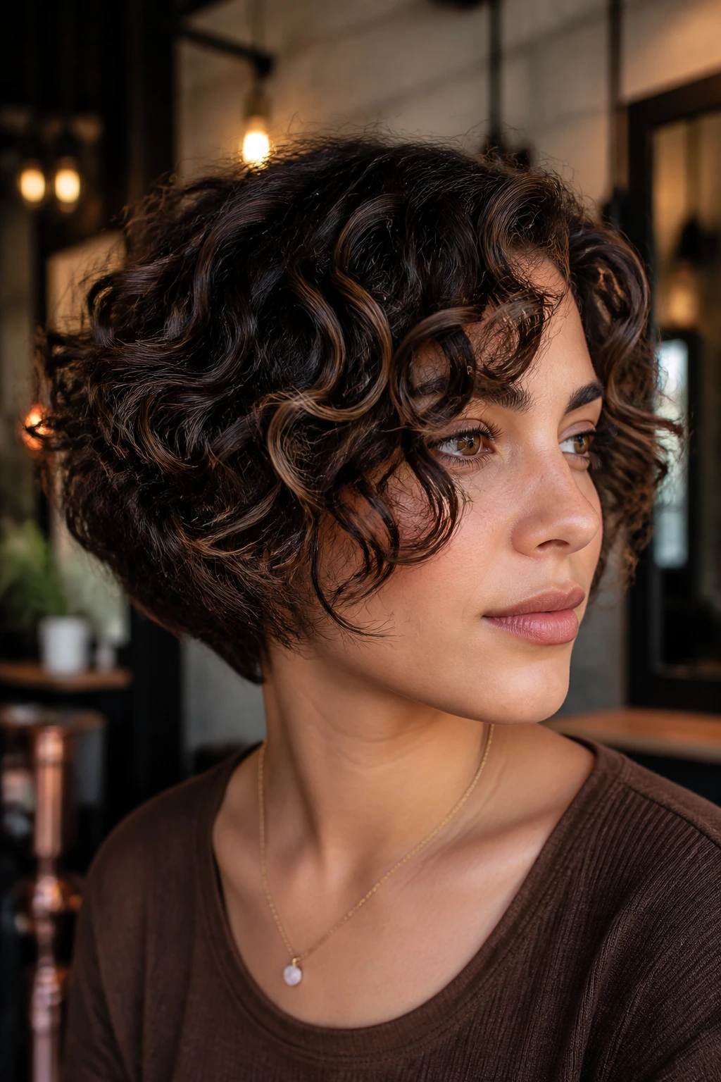 Close-up of a real person with espresso curly bob and fine caramel veils.