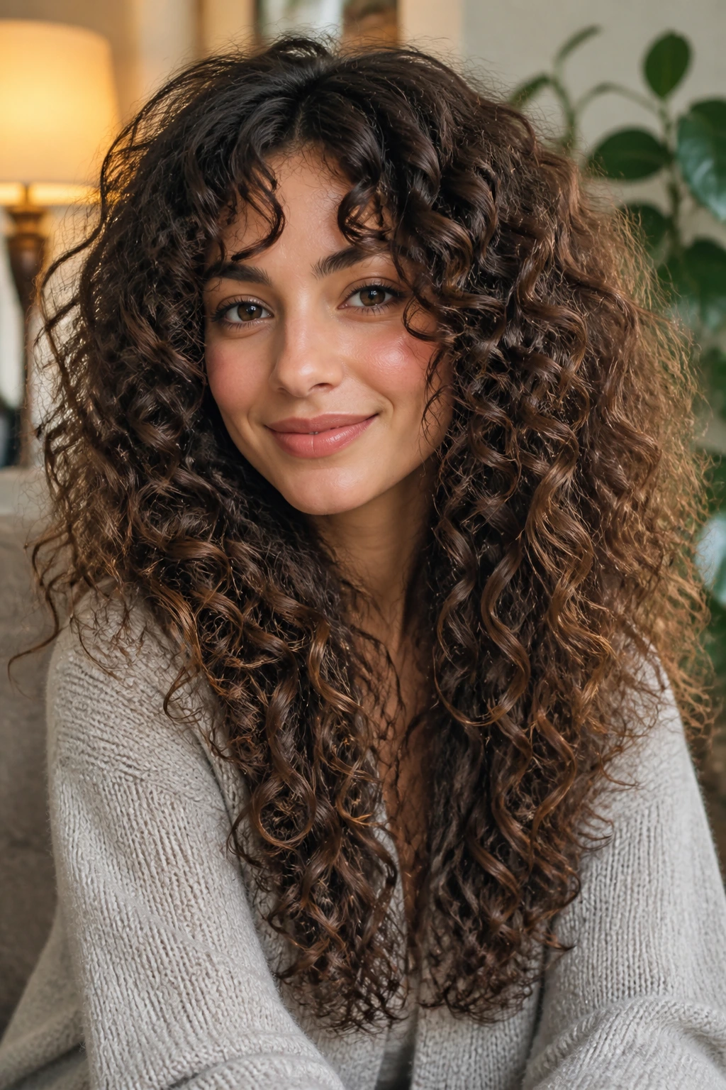 Close-up of curly long layers with espresso lowlights on a real person