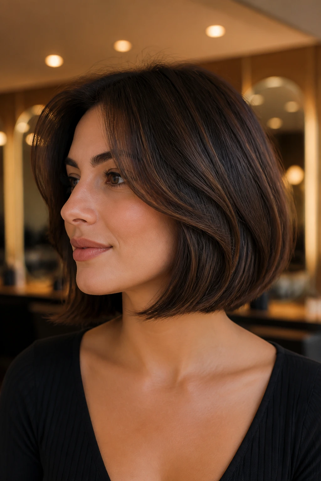 Portrait of a brunette with an Italian bob showing espresso-depth lowlights.