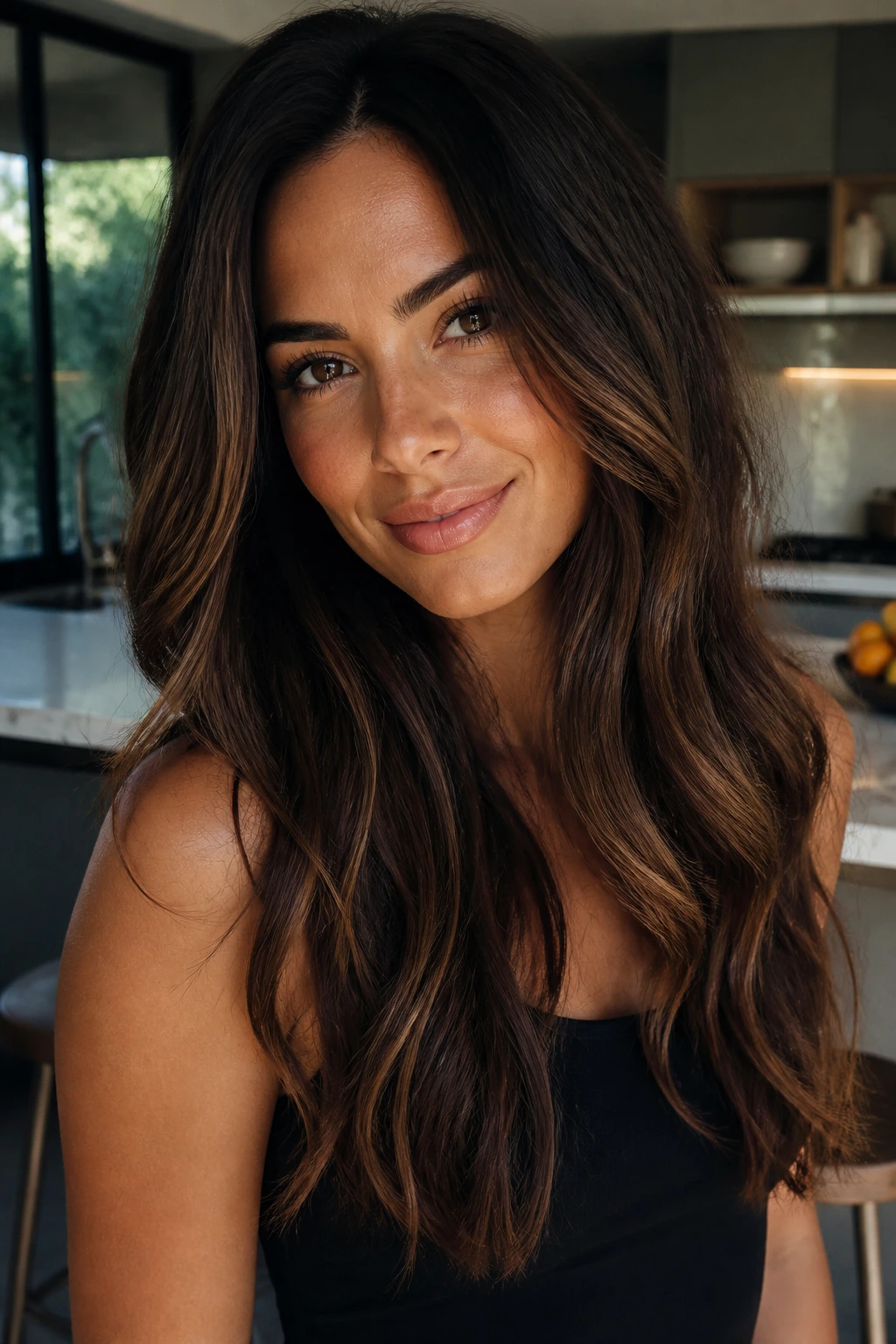 Brunette with espresso dimension deep lowlights on tan skin