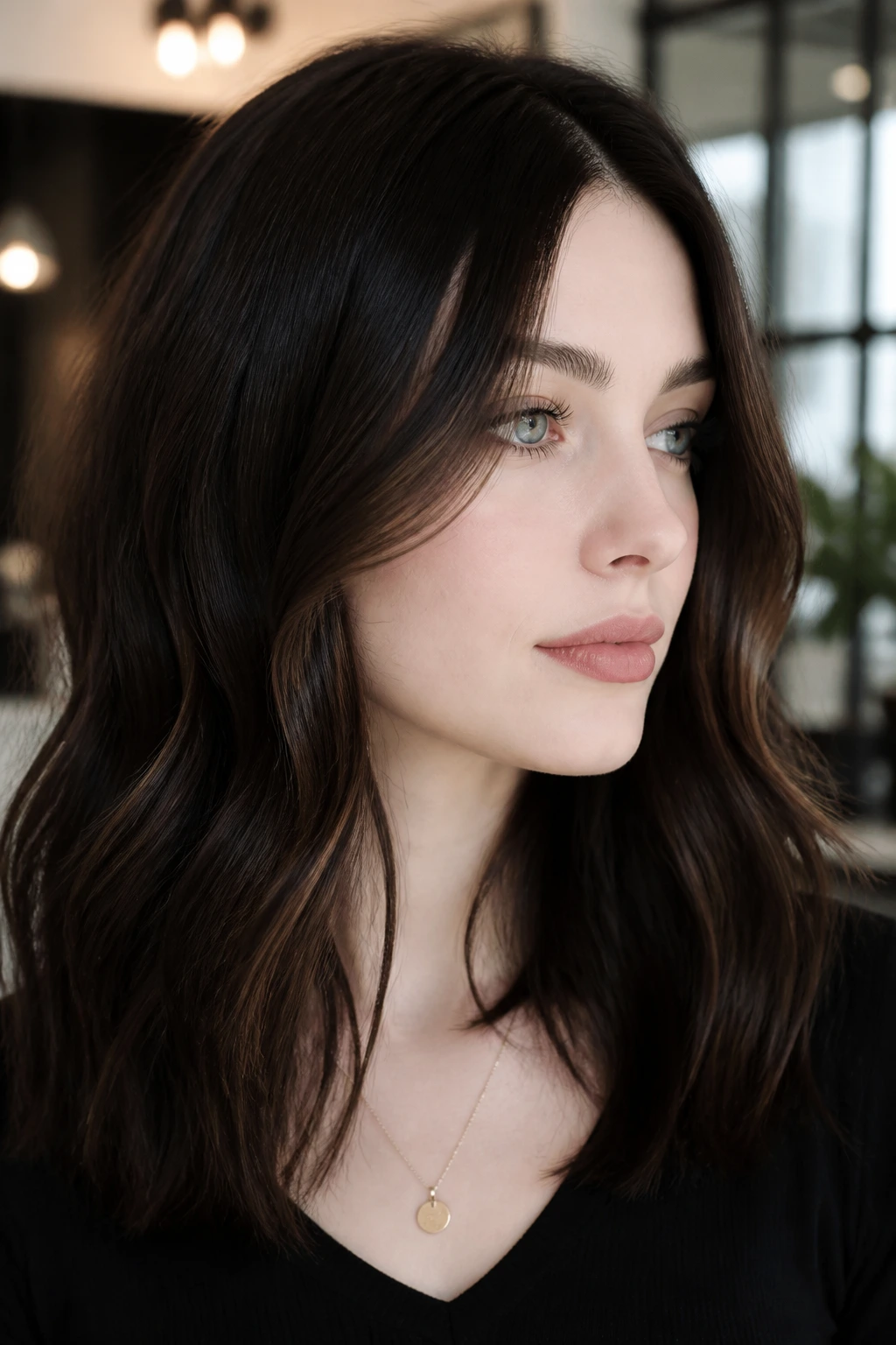 Portrait of a real woman with espresso edge highlights framing the face