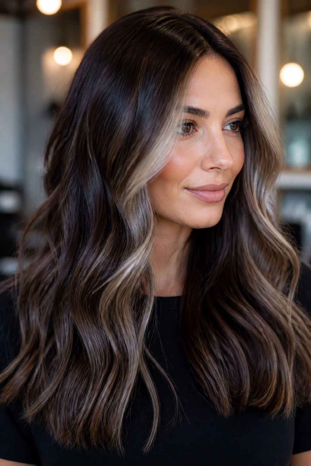 Close-up of espresso brunette with frosted contour pieces near the face
