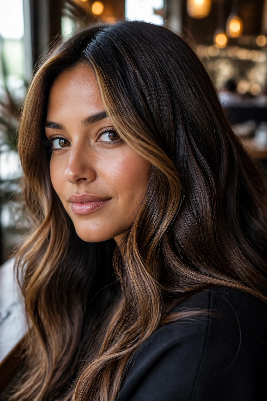 Close-up portrait of a real woman with espresso face-framing lights hair in urban cafe light