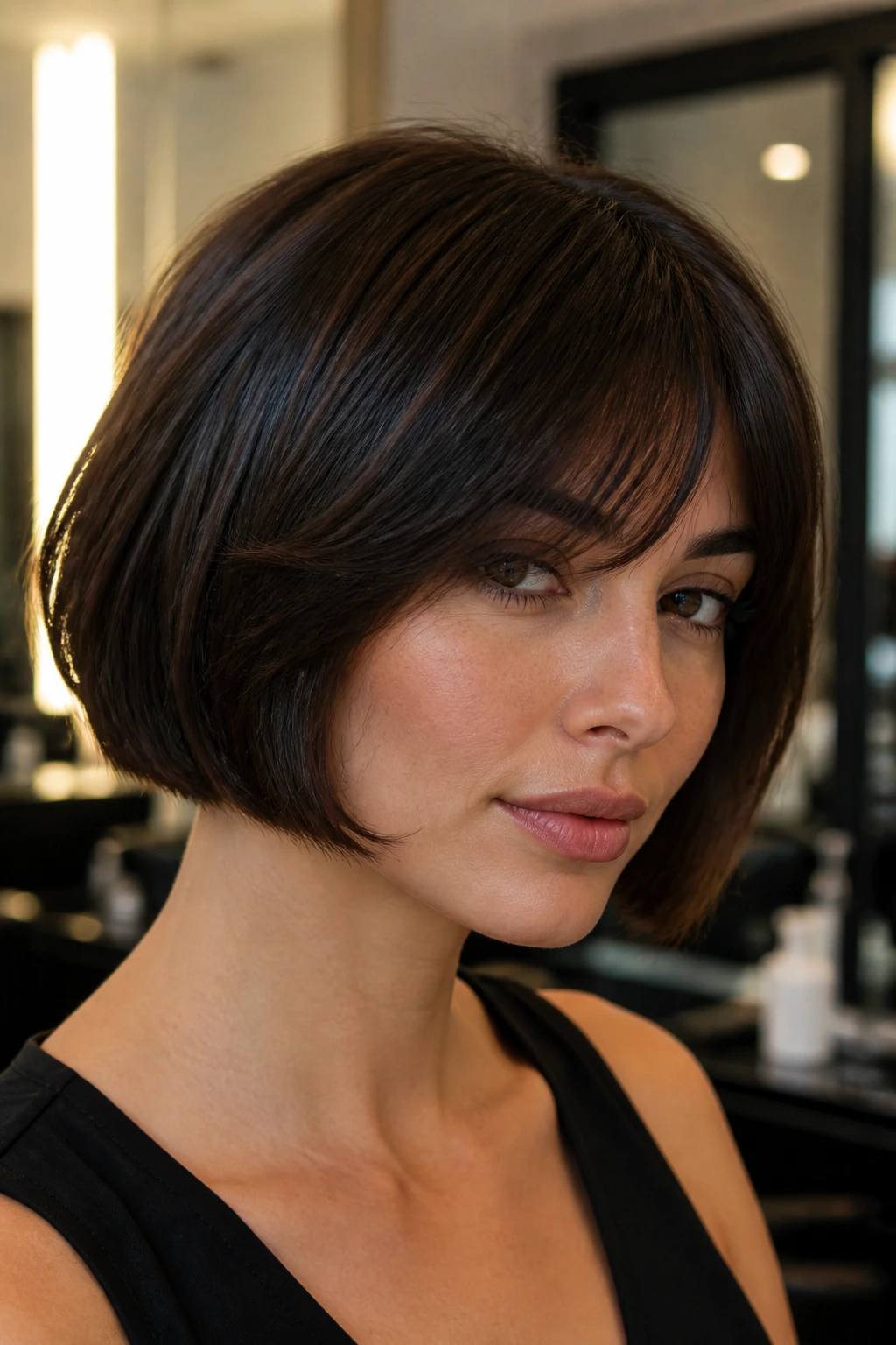 Close-up portrait of a real person with espresso brown jaw-length French bob under soft salon lighting