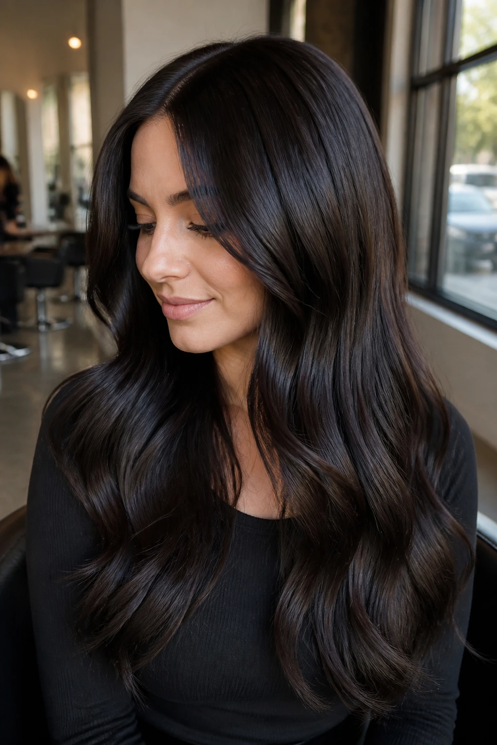 Close-up of deep espresso glass brown hair with high gloss on a real person