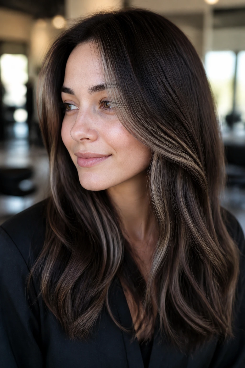 Close-up of a real woman with espresso gloss and carved light highlighting the face