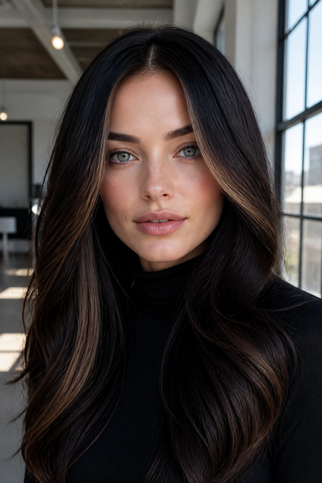 Close-up of espresso hair with face-framing lights on a real person