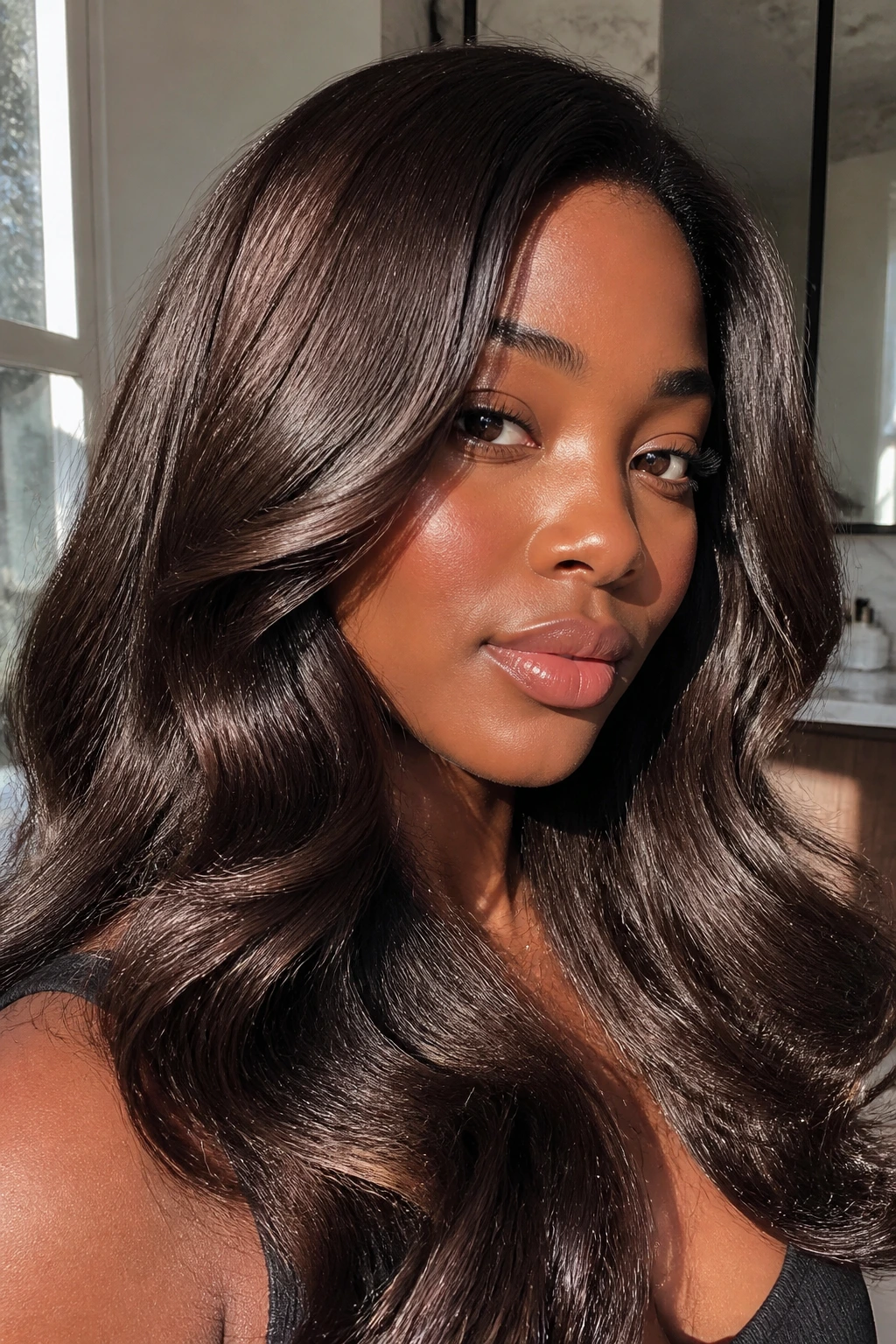 Close-up of real person with warm espresso gloss hair showing deep brown shine.
