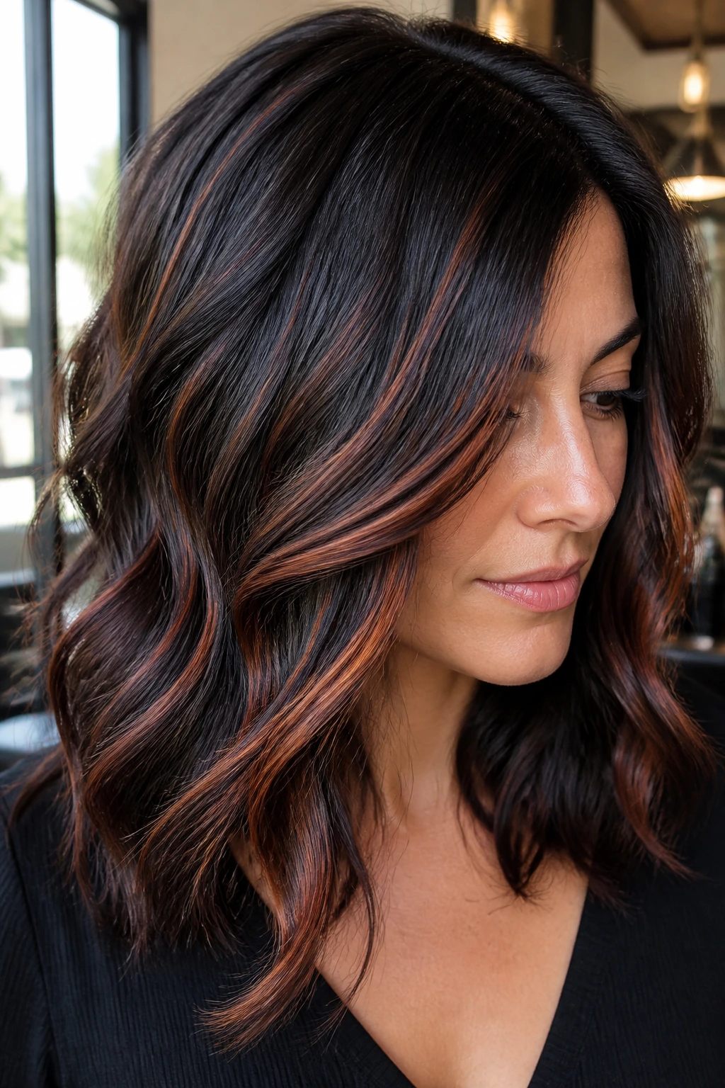Espresso hair with auburn ribbon highlights weaving through outer layer