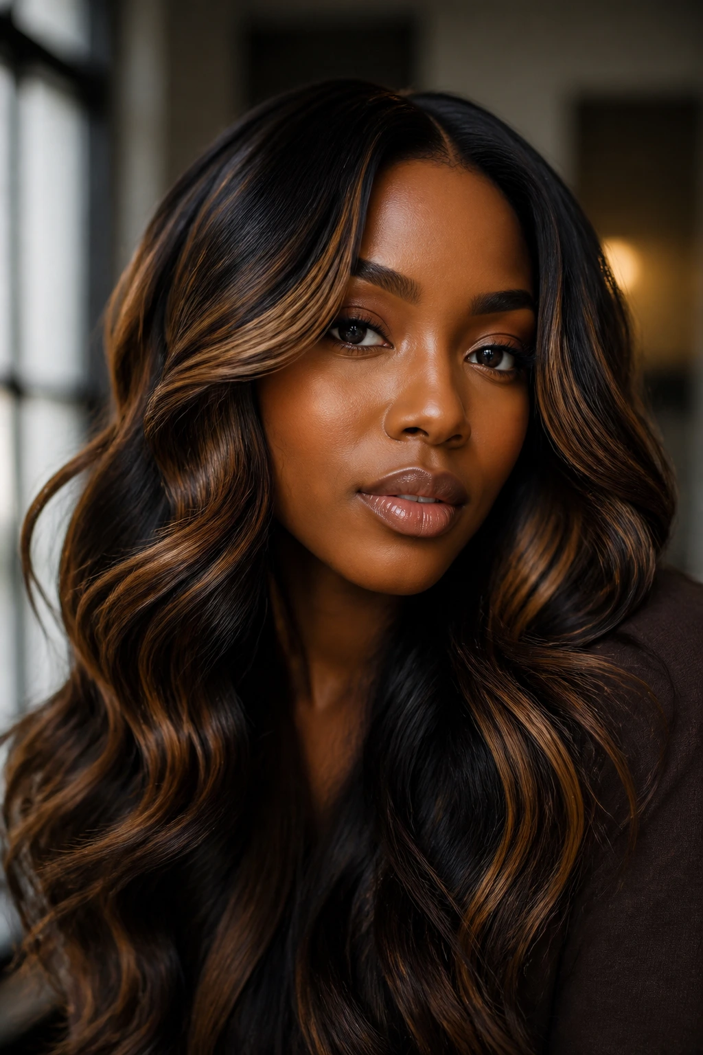 Close-up of espresso base hair with caramel ribbons on a real person