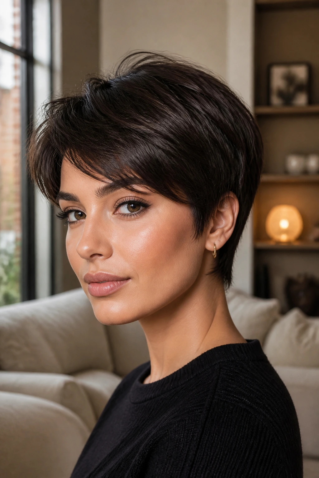 Portrait of person with cool espresso short hair variation in a warm living room