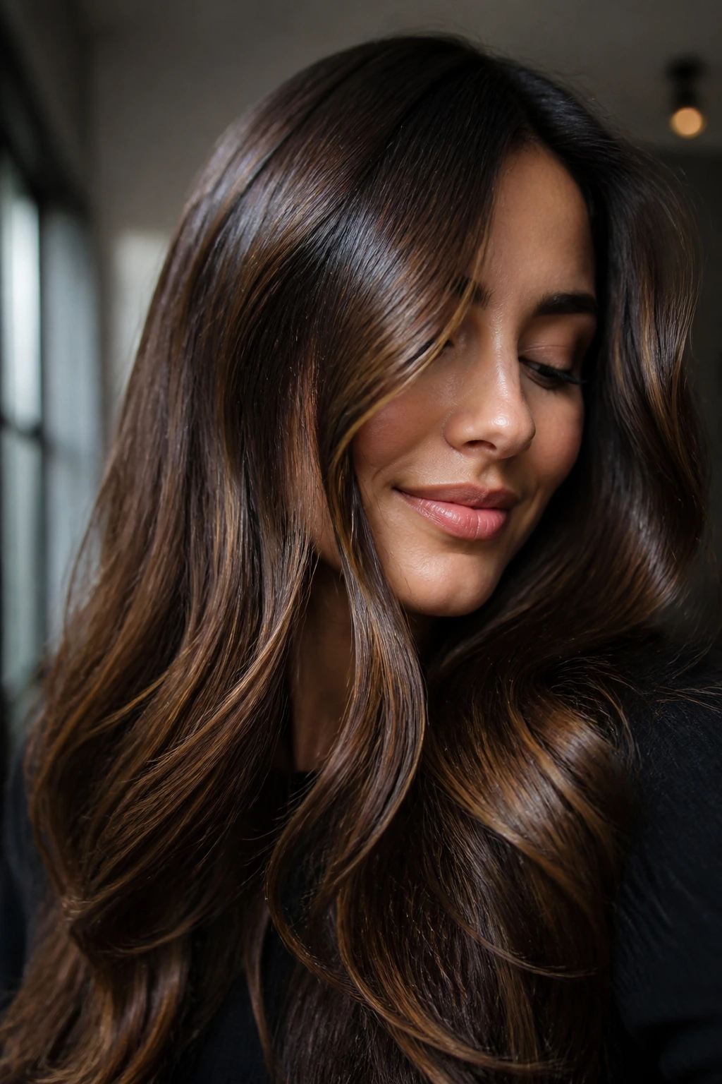 Close-up of a real woman with glossy espresso brown hair and subtle honey sheen