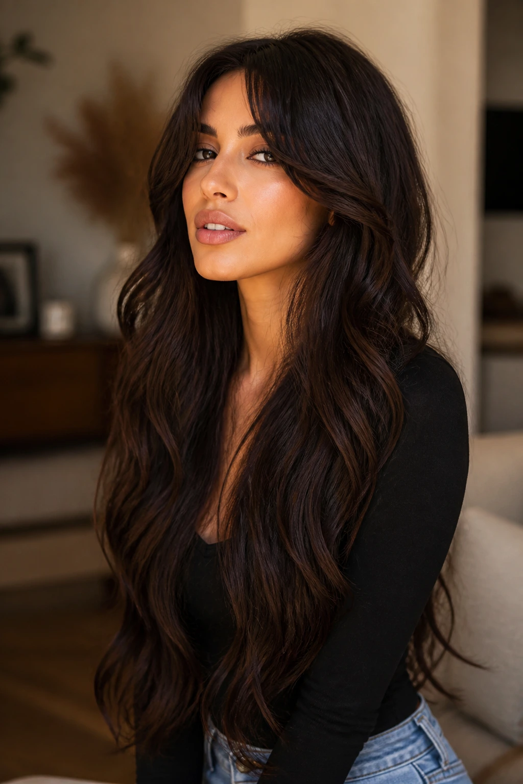 Portrait of a woman with espresso long hair and chin-grazing curtain bangs