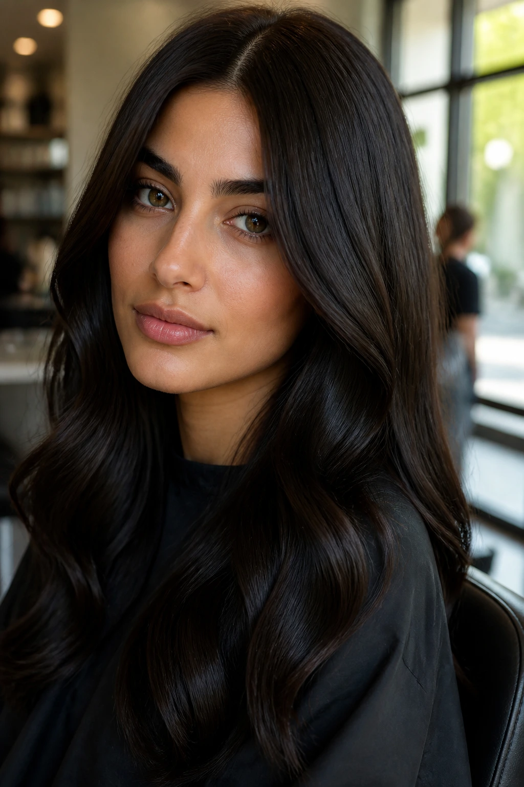 Close-up of olive-skinned woman with deep espresso hair and glassy shine