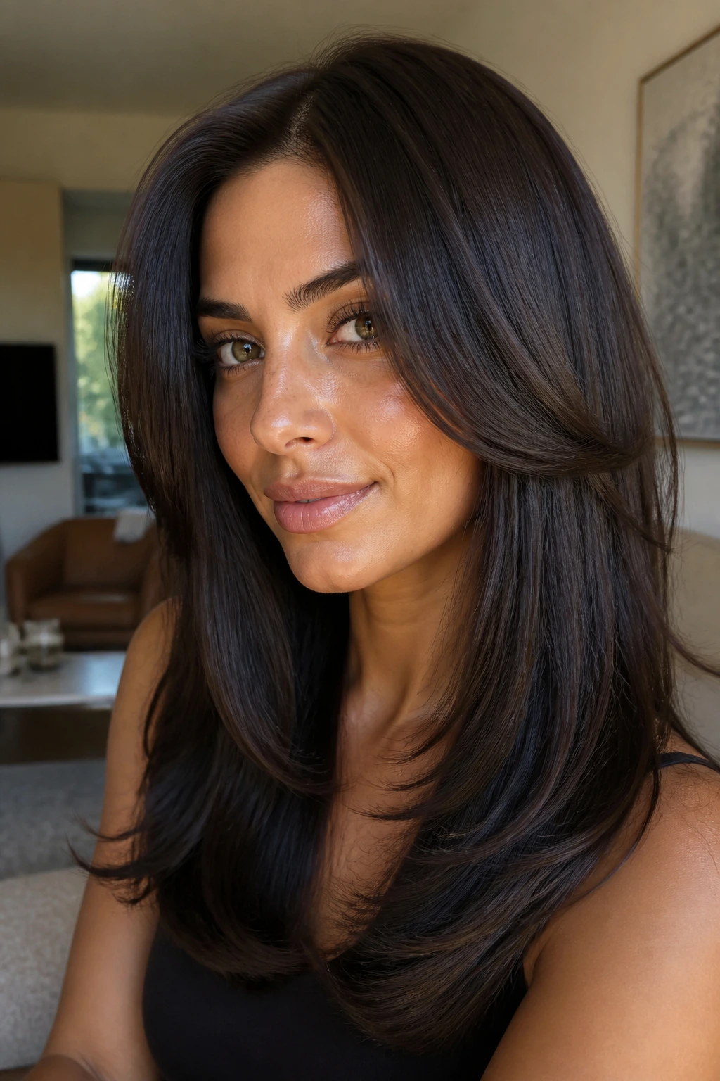 Close-up of a real woman with glossy espresso brown hair in a sleek blowout beside a warm living room window