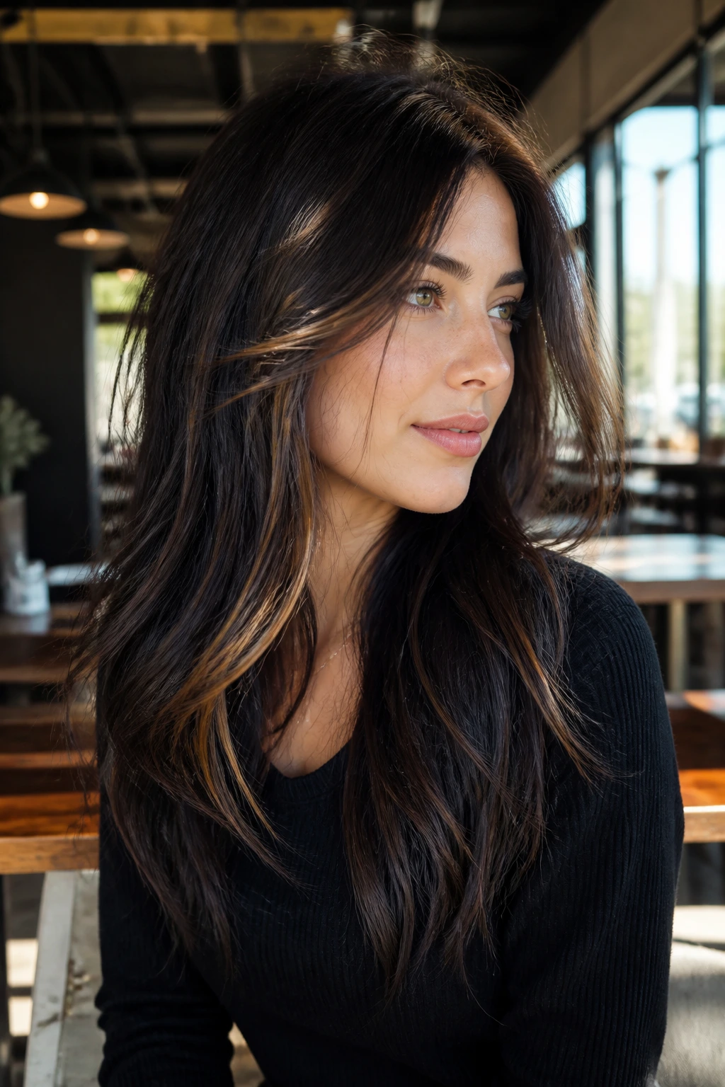 Espresso hair with light brown veil highlights on a real person