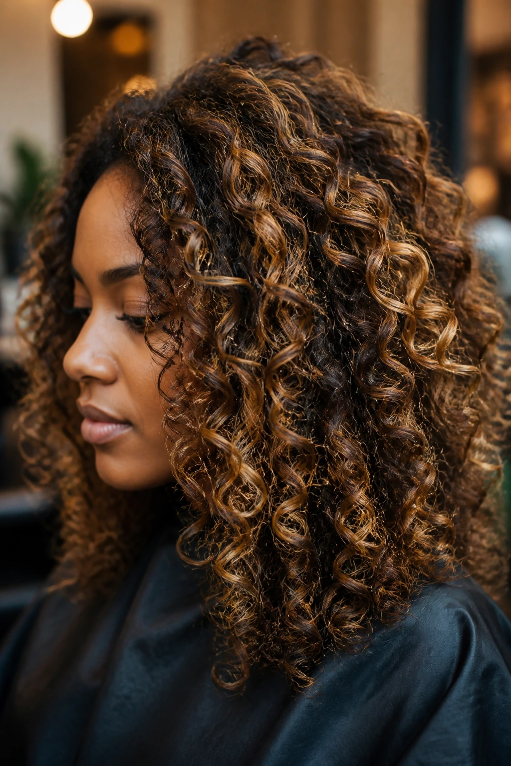 Close-up of a deep-skinned person with espresso and honey highlights in curly hair.