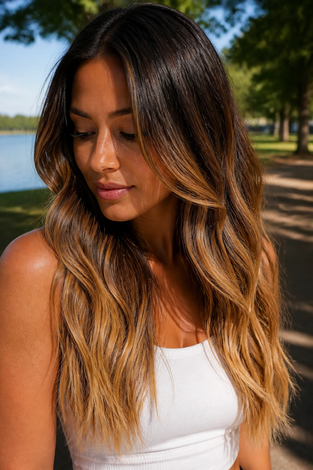 Close-up of a tan-skinned woman with espresso-to-honey gradient hair.