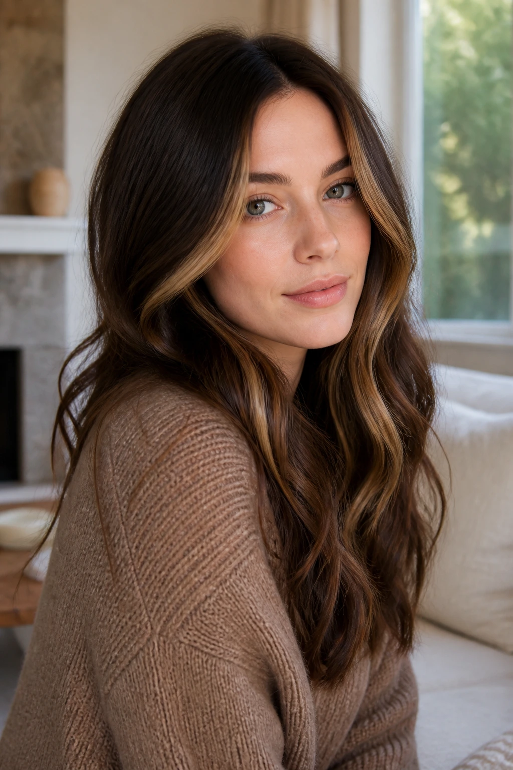Close-up portrait of a real woman with Espresso with Honey Money Piece, deep espresso base and honey face-framing highlights